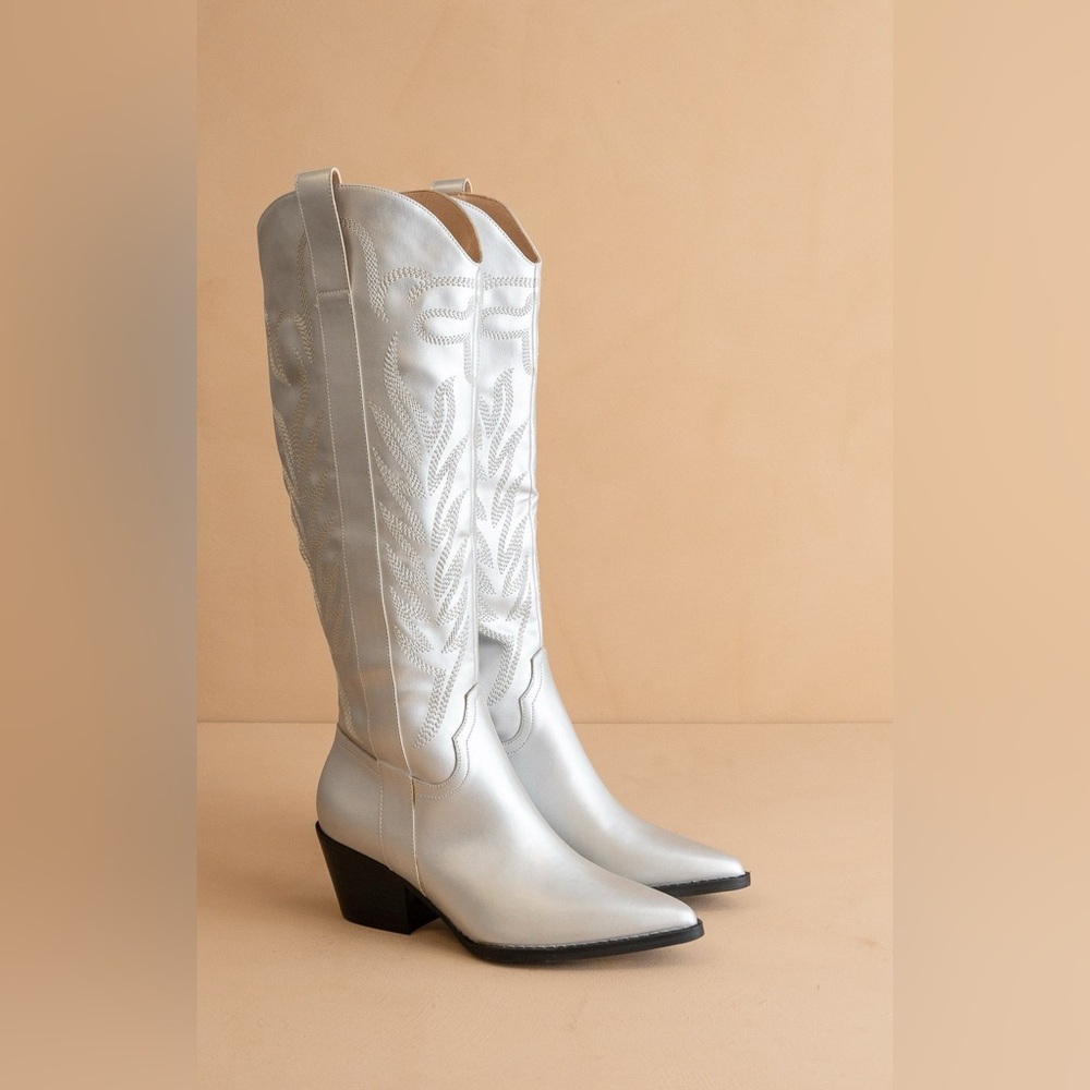 Embroidered Knee High Metallic Western Boots - Oasis Society